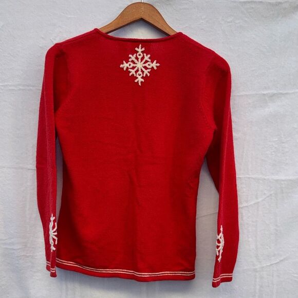 Vintage Liz Claiborne Red White Snowflake V-Neck 100% Lambswool Sweater Size SP - Picture 4 of 6